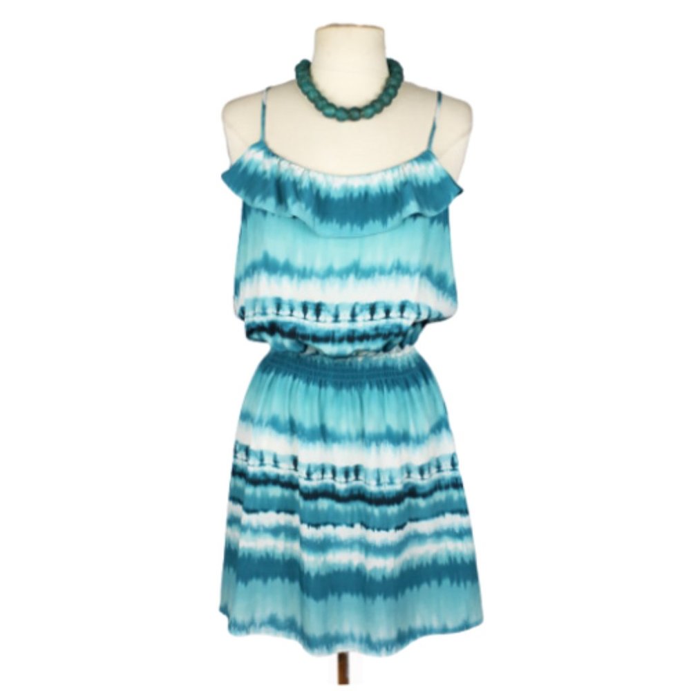 Scoop NYC Silk Blue Tie Dye Ruffle Dress M